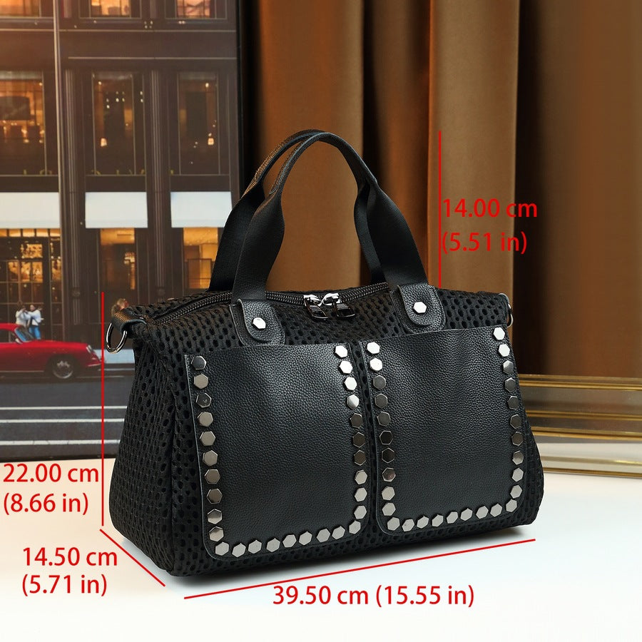 Mesh Studded Pillow Bag for Women Large Capacity Shoulder Crossbody Handbag, Bestselling Japanese/Korean Style Purse with Edgy Hardware