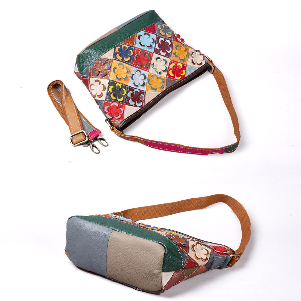 Genuine Cowhide Handmade Patchwork Diamond Quilted Floral Handbag for Women, New Arrival Top Handle Crossbody Purse, Trendy Casual Bag for Ladies