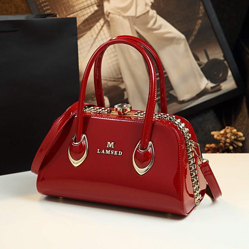 Women's Patent Leather Handbag Shiny Shoulder Crossbody Bag for Middle-Aged Ladies Fashion Mom Purse Light Luxury Top Handle Clasp Bag