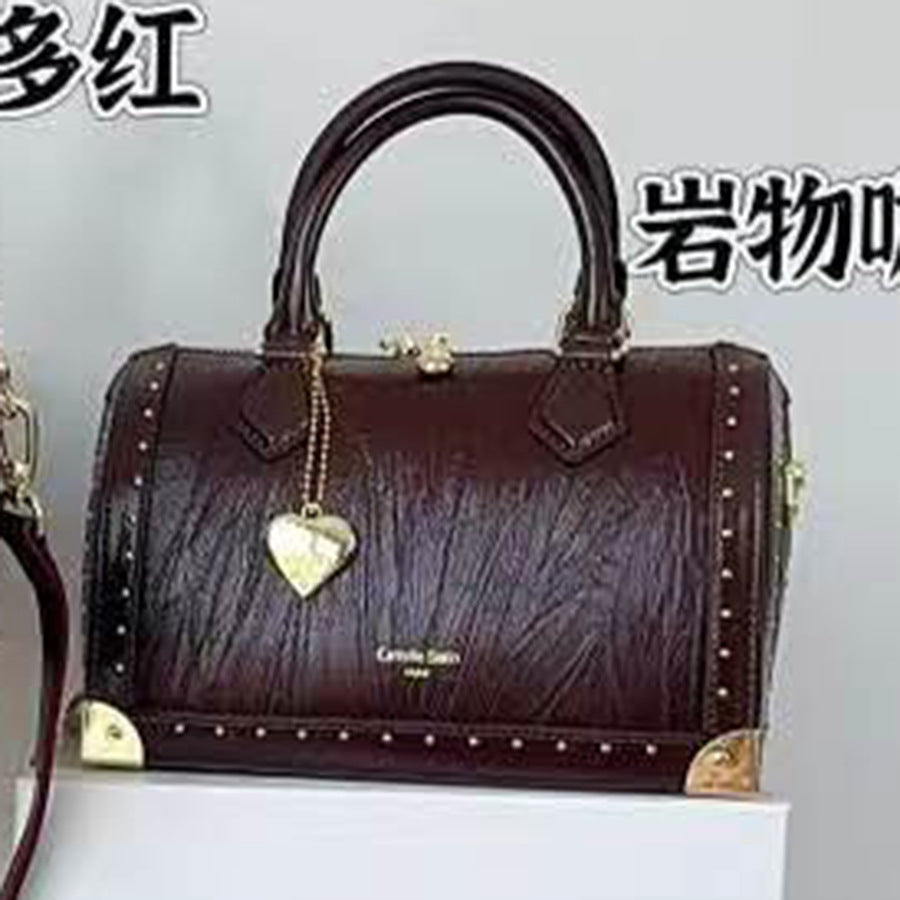 Studded Boston Pillow Bag for Women Vintage Commuter Top Handle Shoulder Crossbody Purse with Premium Hardware Accent