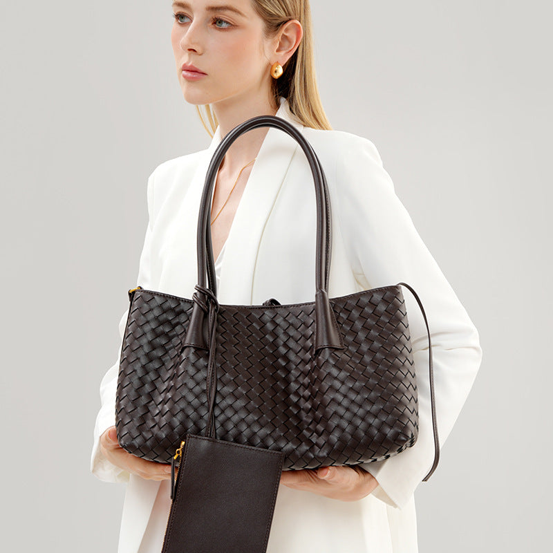 Genuine Cowhide Handwoven Underarm Shoulder Bag for Women, New Cross-Border Versatile Casual Top Handle Tote, Large Capacity Everyday Purse for Ladies