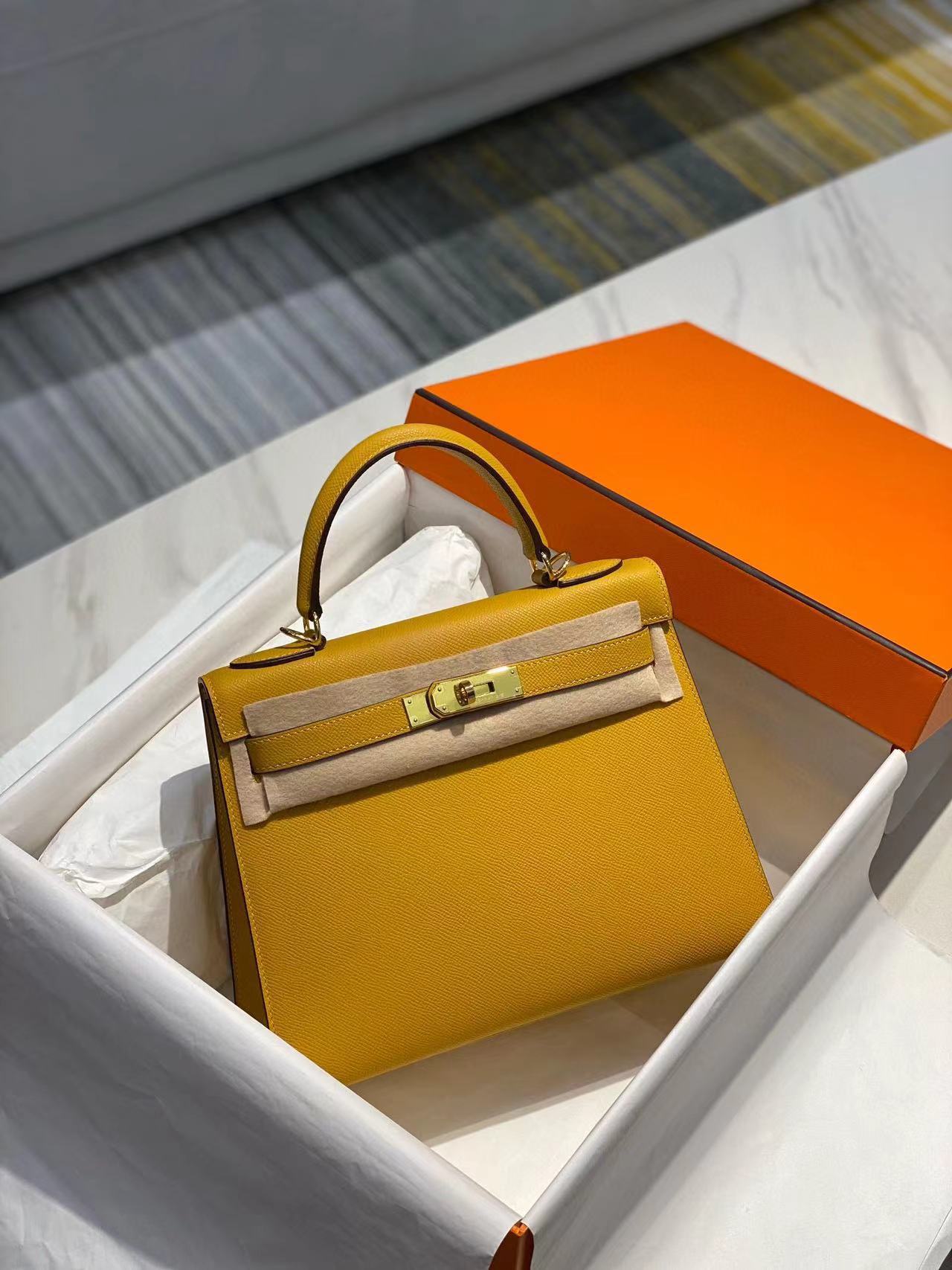 Genuine Epsom Calfskin Leather Kelly-Style 25/28 Top Handle Bag for Women, Premium Commute Handbag with Chic Fashionable Design for Ladies