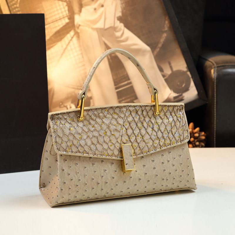 Genuine Fish Skin Kelly-Style Bag for Women, New Premium Textured Top Handle Shoulder Crossbody Purse, Trendy Ostrich-Embossed Small Handbag for Ladies