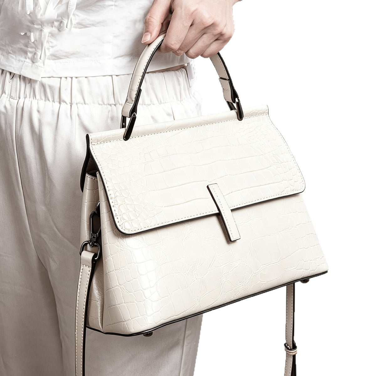 Genuine Waxed Cowhide Crocodile-Embossed Crossbody Bag for Women, New Versatile Shoulder Top Handle Purse, Fashionable Everyday Handbag for Ladies