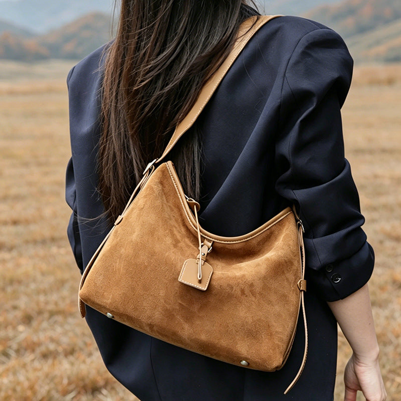 Genuine Leather Suede Tote Bag for Women Vintage Large Capacity Shoulder Handbag, Trendy Elegant Purse with Soft Luxurious Texture