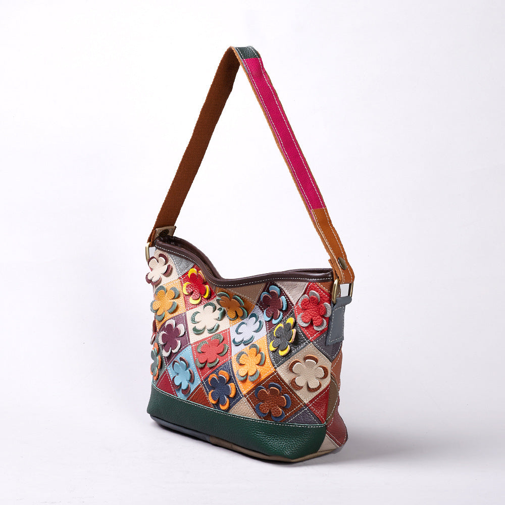 Genuine Cowhide Handmade Patchwork Diamond Quilted Floral Handbag for Women, New Arrival Top Handle Crossbody Purse, Trendy Casual Bag for Ladies