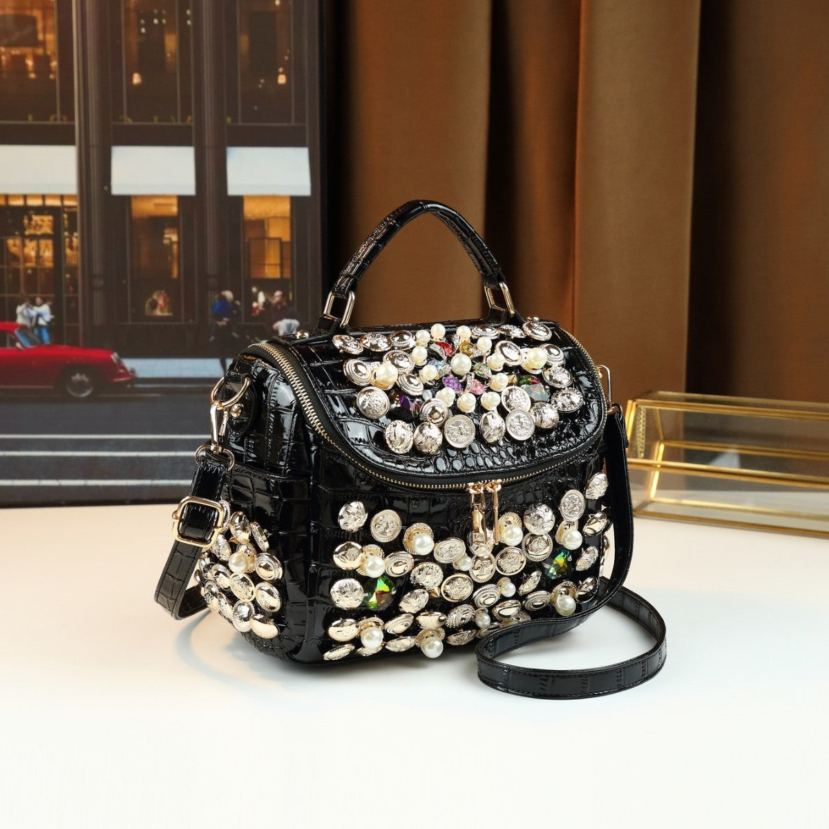 Handmade Beaded Stud Mini Square Bag for Women Shoulder Crossbody Handbag, Edgy Personality Purse with Unique Hardware Accents