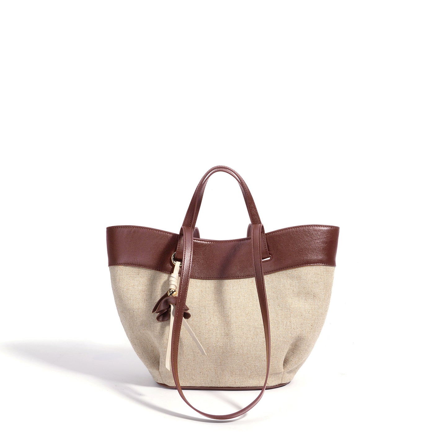 New Large Capacity Basket Bag in Linen & Cowhide, Casual Commute Shoulder Tote with Wing Top Handle, Premium Handbag for Women