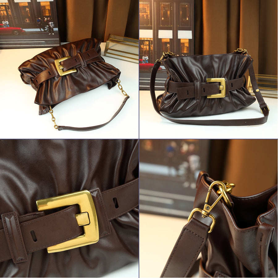 Metal Belt Buckle Pleated Cloud Bag for Women Large Capacity Shoulder Underarm Handbag, Creative Hardware Purse with Versatile Style
