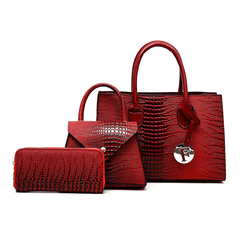 New Arrival Croc-Effect 3-Piece Handbag Set for Women, A Fashionable Top-Handle Crossbody Commuter Tote with Matching Wallet & Pouch, Perfect Everyday Set