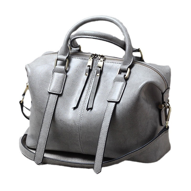 Genuine Waxed Cowhide Boston Tote Bag for Women, Vintage Trendy Shoulder Crossbody Large Handbag, Premium Leather Purse for Ladies