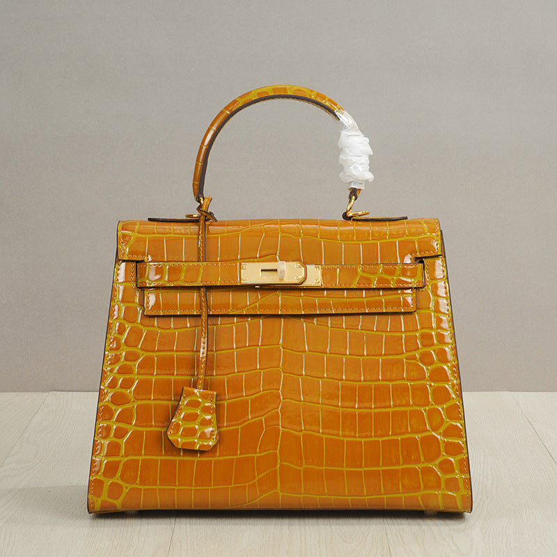 Light Luxury Women's Genuine Leather Kelly Style Small Handbag Crossbody Shoulder Bag with Crocodile Embossed Trendy New Design