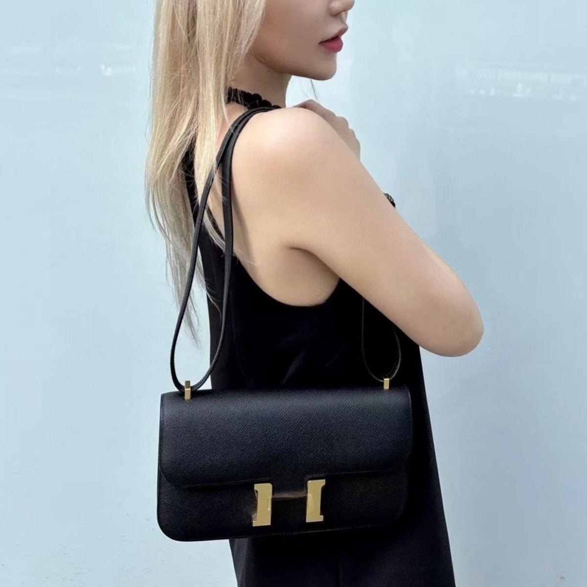 Genuine Epsom Palm Texture Cowhide Constance-Style Bag for Women, New Horizontal Flight Attendant Shoulder Crossbody Purse, Tofu-Shape Handbag for Ladies