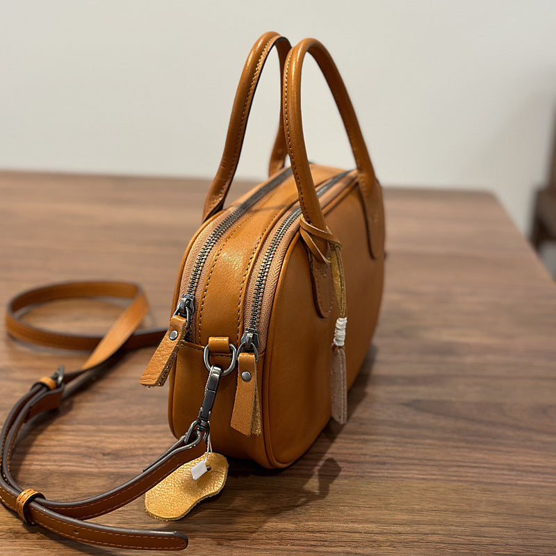 Genuine Top Layer Cowhide Handbag for Women, Fall Winter Academic Vintage Commute Shoulder Crossbody Bag, Minimalist Japanese Style Purse for Ladies