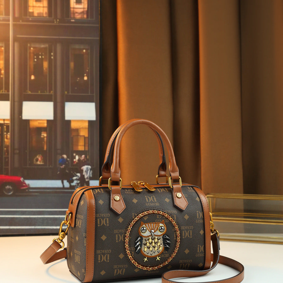 Owl Letter Print Studded Pillow Bag for Women Vintage American Style Shoulder Handbag, Unique Design Purse with Edgy Hardware Accents