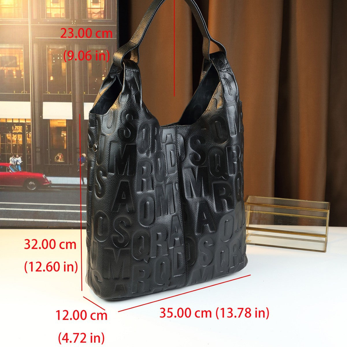 Genuine Leather Letter Tote Bag for Women Large Capacity Shoulder Handbag, Trendy Commuter Purse with Versatile Everyday Style