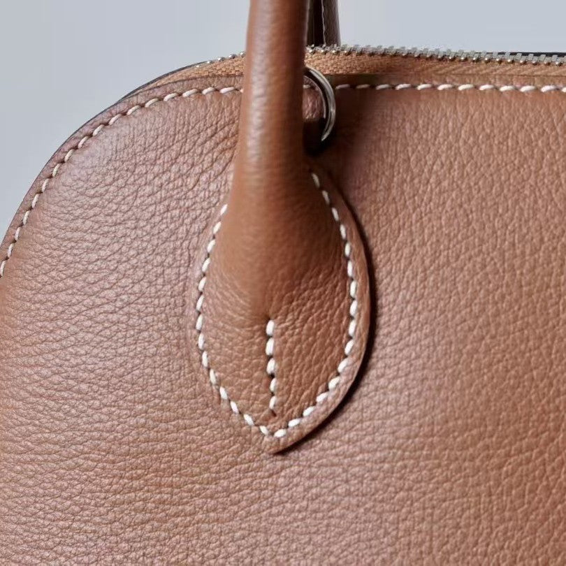 Genuine Leather Crossbody Bag for Women, Hermès-Inspired Bolide Mini Bowling Tote Bag, Top-Grain Cowhide Leather Shell-Shaped Handbag with Top Handle and Shoulder Strap, Lightweight Luxury Niche Designer Purse