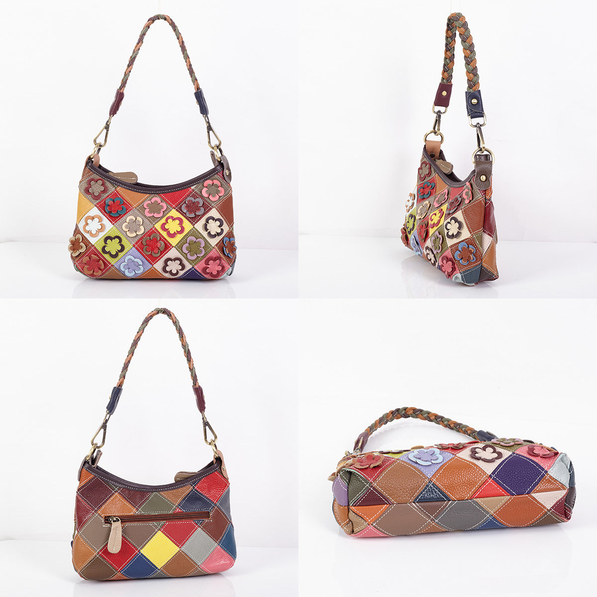 Premium Genuine Leather Color-Block Floral Bag for Women | Ethnic Style Small Top-Handle Cross-Body Shoulder Handbag with Unique Artistic Design | Versatile 2-in-1 Carry Purse for Everyday Chic, Travel & Casual Outings | Trendy Statement Accessory wi
