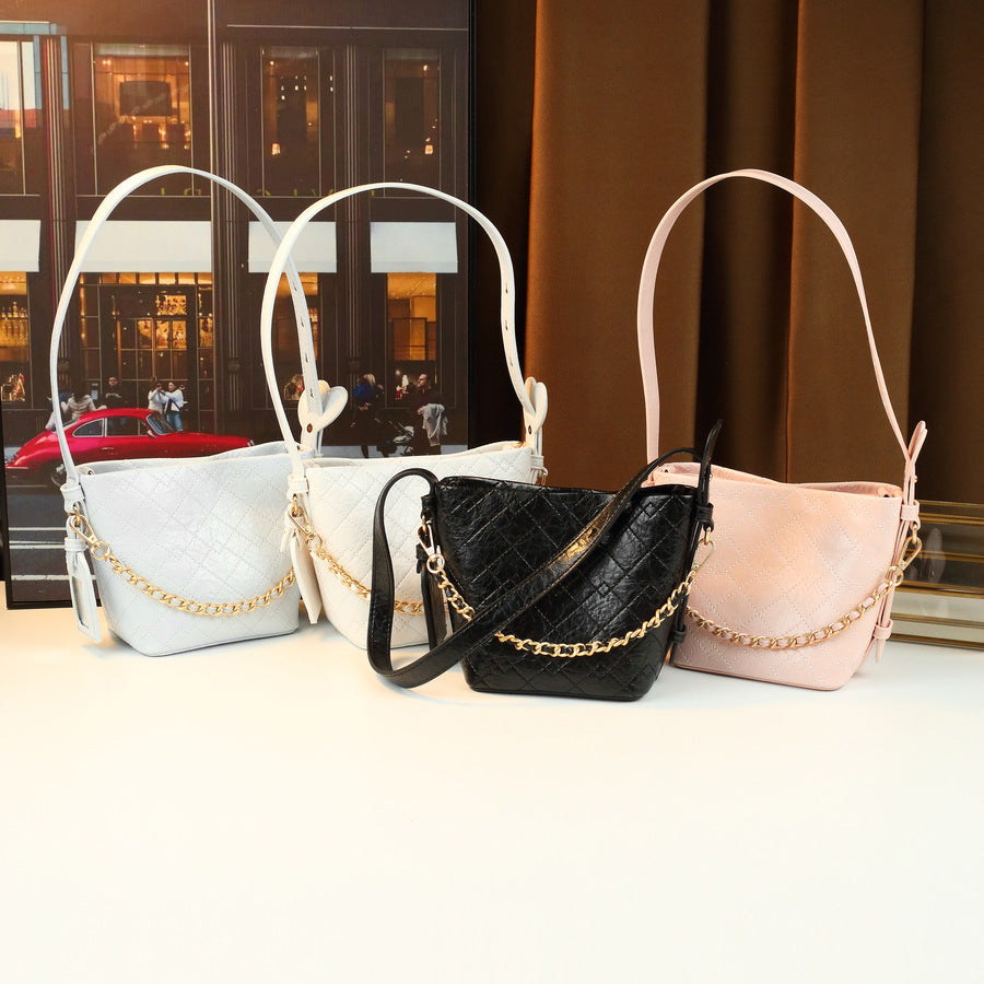 Quilted Chain Bucket Bag Set for Women Korean Style Shoulder Crossbody Handbag, Versatile Travel Purse with Detachable Sub-Bag