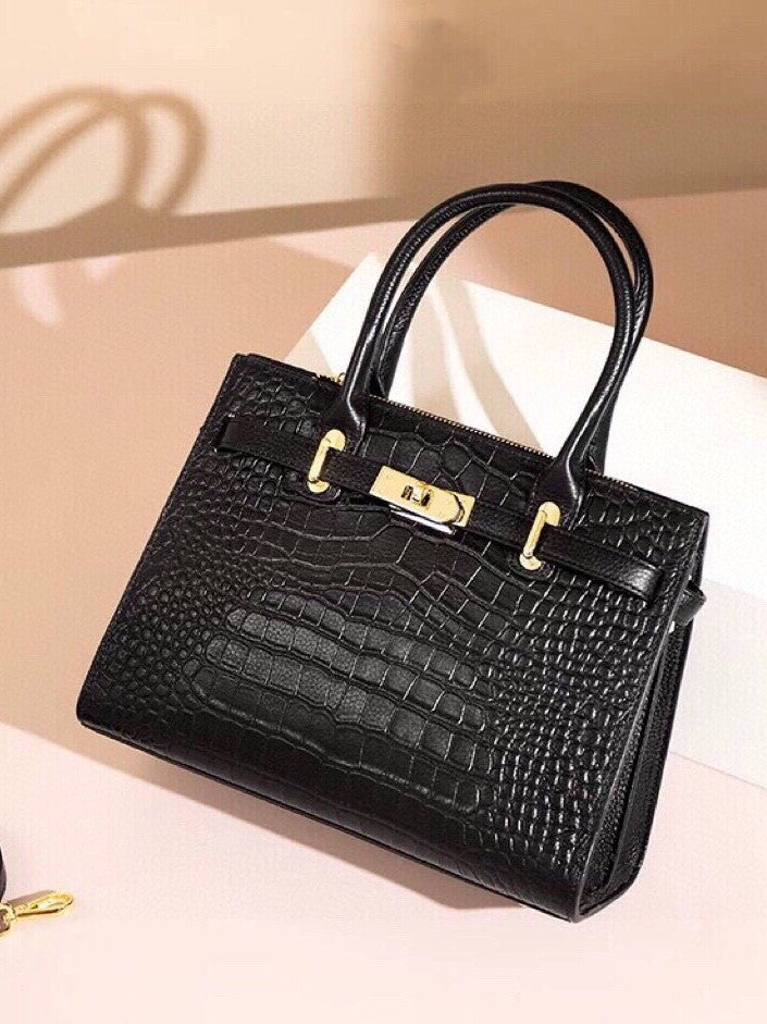 New Arrival Fall/Winter Kelly-Inspired Genuine Leather Tote Bag for Women, A Large Capacity Shoulder Crossbody Handbag with Croc-Effect & Versatile Design