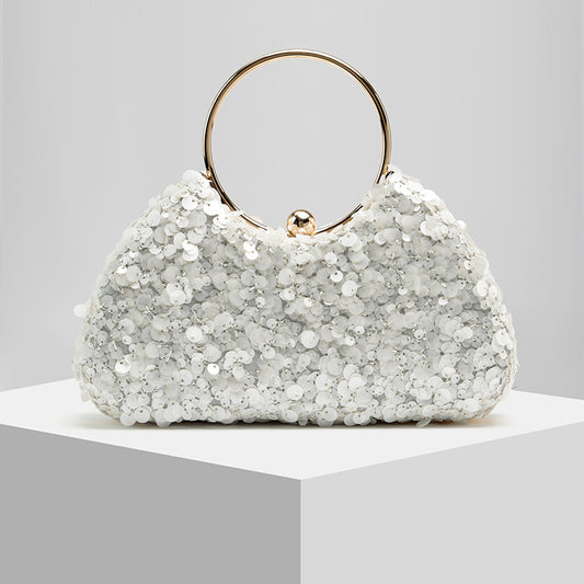 Pearl Embellished Ring Evening Clutch for Women, New Formal Gown Chain Handbag, Elegant Wedding Party Purse for Ladies
