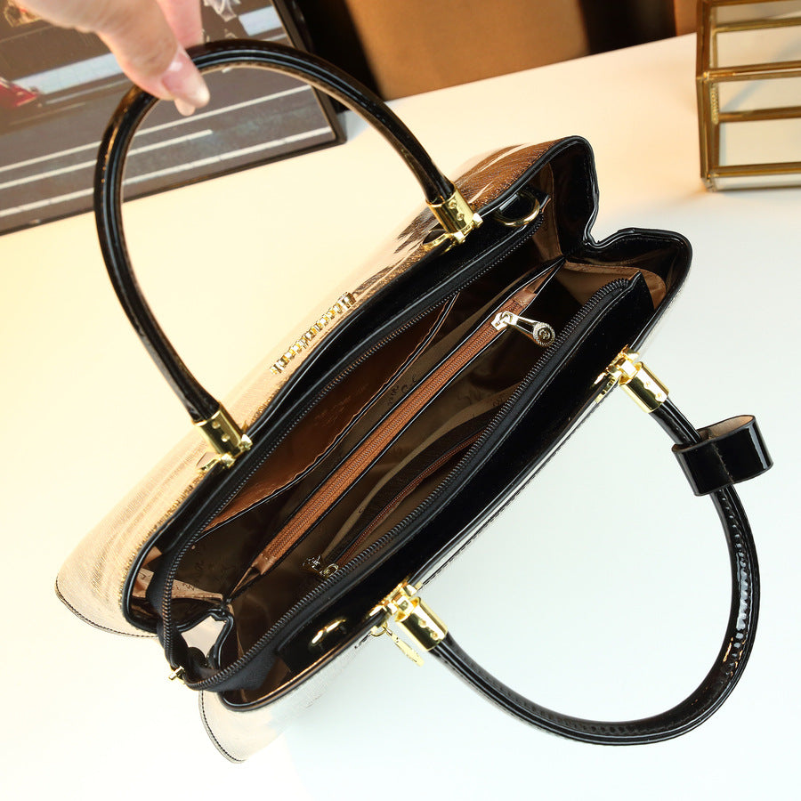 Gold-Tone Patent Leather Boston Bag for Women Large Capacity Shoulder Handbag, Vintage Luxurious Purse with Glossy Metallic Finish for Moms