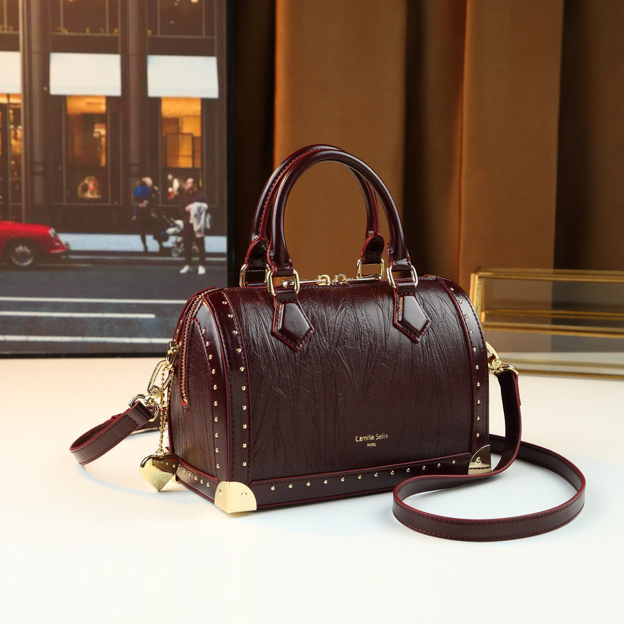 Studded Boston Pillow Bag for Women Vintage Commuter Top Handle Shoulder Crossbody Purse with Premium Hardware Accent