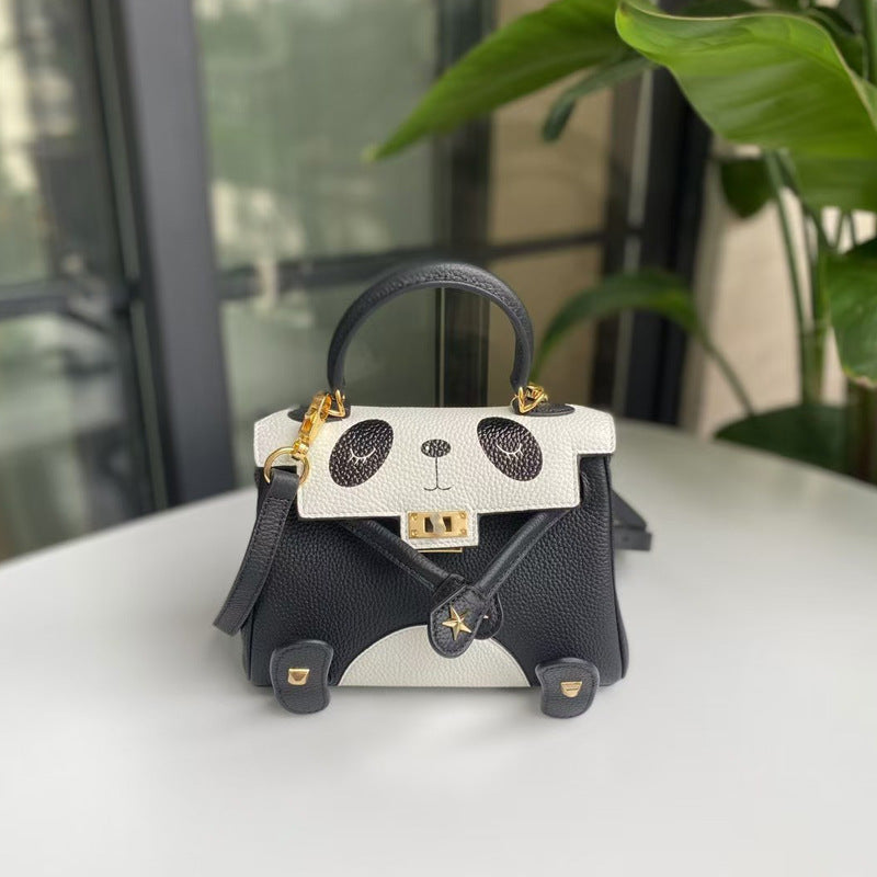 2026 new first-layer cowhide spoof smiley face small bag graffiti Kelly bag panda bag genuine leather portable messenger bag