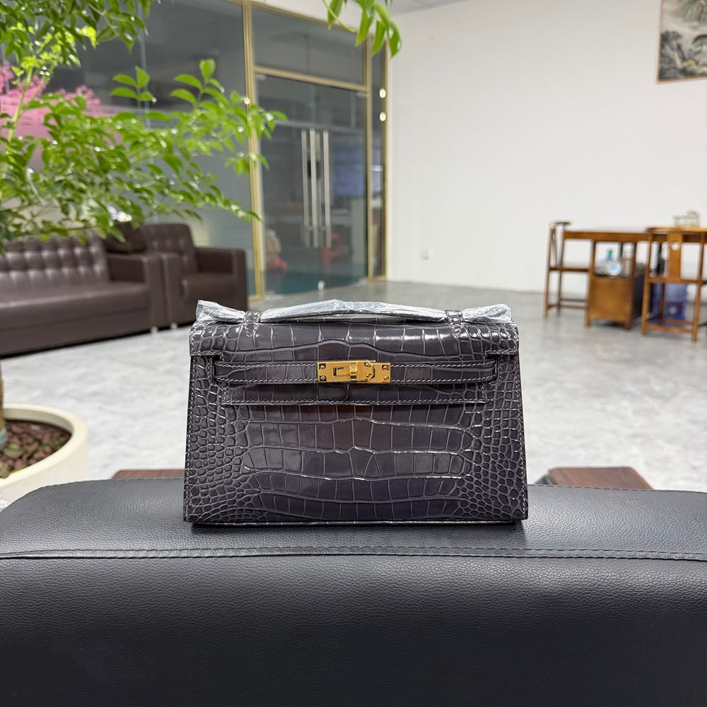Genuine Top Layer Cowhide Crocodile-Embossed Kelly-Style 22cm Bag for Women, Hand-Stitched Waxed Thread with Full Steel Hardware, Light Luxury Small Square Top Handle Purse for Ladies