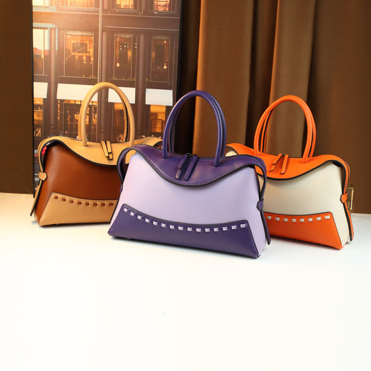 Color-Block Patchwork Boston Pillow Bag for Women Vintage Large Capacity Top Handle Shoulder Crossbody Purse with Trendy Contrast Design