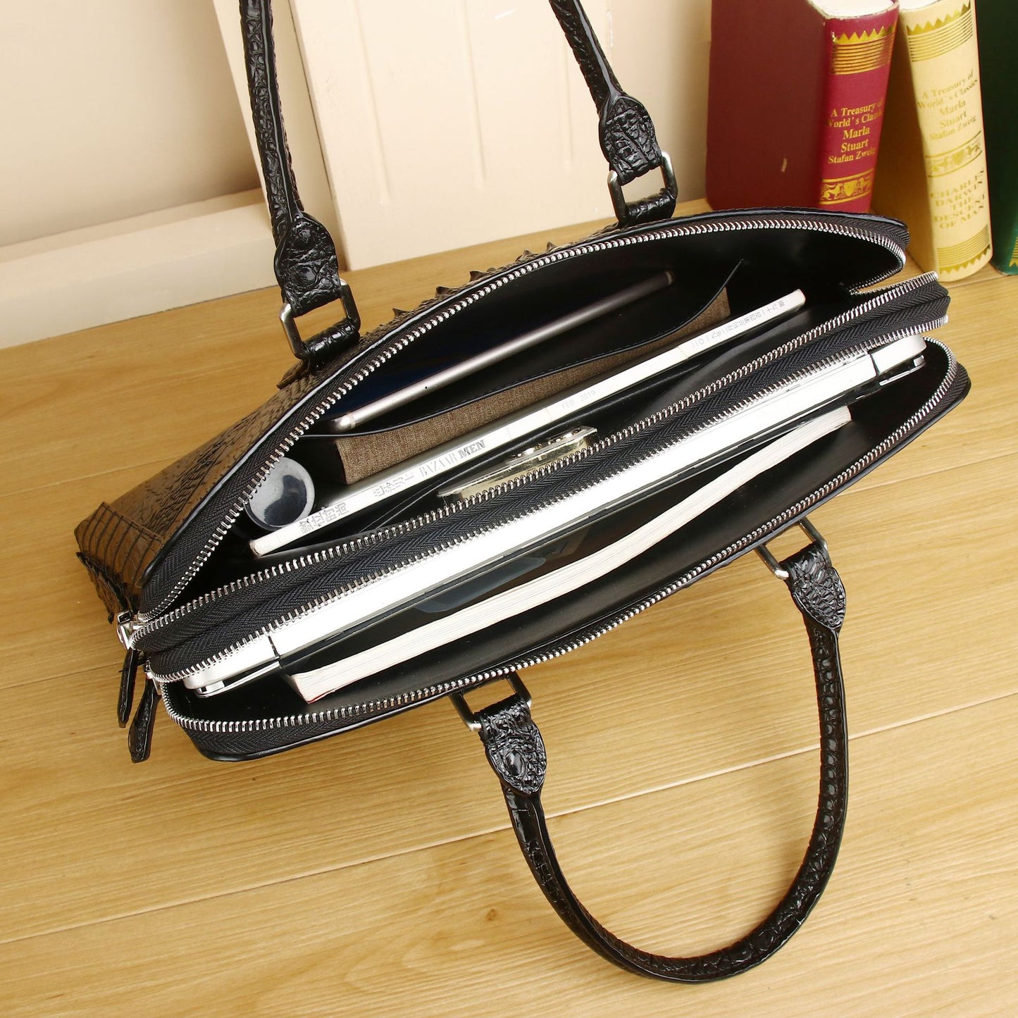 New Arrival Croc-Effect Double-Zip Business Briefcase for Men, A High-End Top-Handle Bag with Light Luxury Sophisticated Design, Perfect for Work & Travel