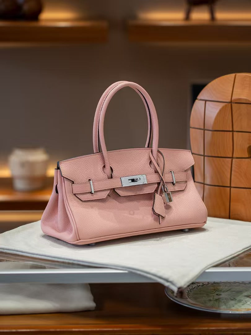 Genuine Togo Leather Birkin-Style Bag for Women, New Vintage Horizontal Top Handle Handbag, Premium Retro Purse for Ladies
