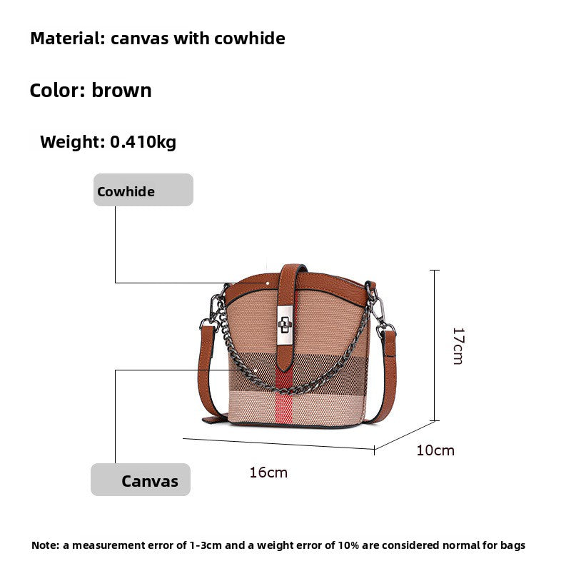 New Mini Bucket Phone Bag in Genuine Cowhide, Plaid European Style Small Crossbody Purse, Trendy Handbag for Women