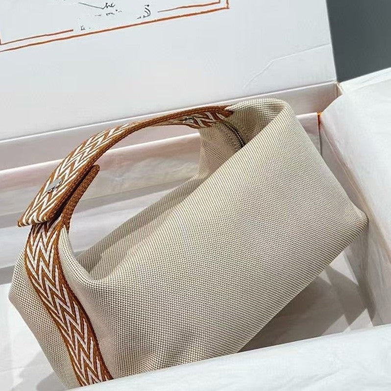 Waterproof Canvas Toiletry Bag for Women, Hermès-Inspired Travel Makeup Pouch 21/25cm, Semi-Handmade Embroidered Box Bag with Sturdy Steel Hardware, Portable Cosmetic Organizer for Daily Use