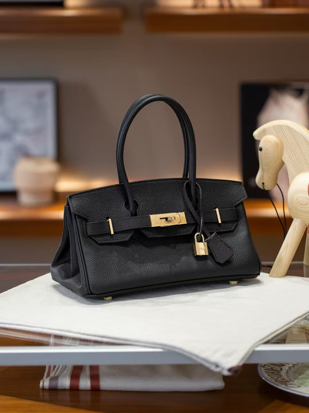 Genuine Togo Leather Birkin-Style Bag for Women, New Vintage Horizontal Top Handle Handbag, Premium Retro Purse for Ladies