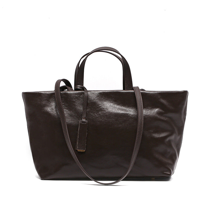 French Vintage Genuine Leather Tote Bag for Women Commuter Shoulder Handbag, Trendy Versatile Purse with Timeless Parisian Elegance