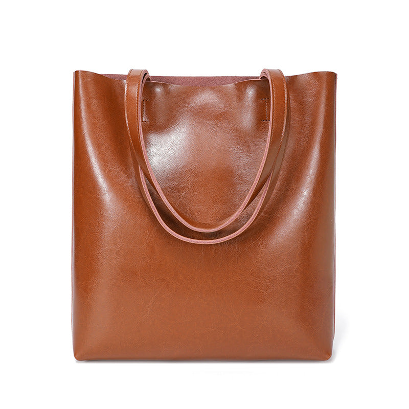 Waxed Cowhide Tote Bag for Women Large Capacity Practical Shoulder Handbag, Versatile Commuter Purse with Rich Leather Texture
