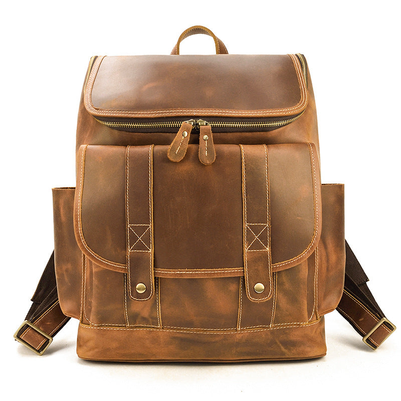 Crazy Horse Leather Large Capacity Travel Backpack, Genuine Top Layer Cowhide School Daypack for Men and Students