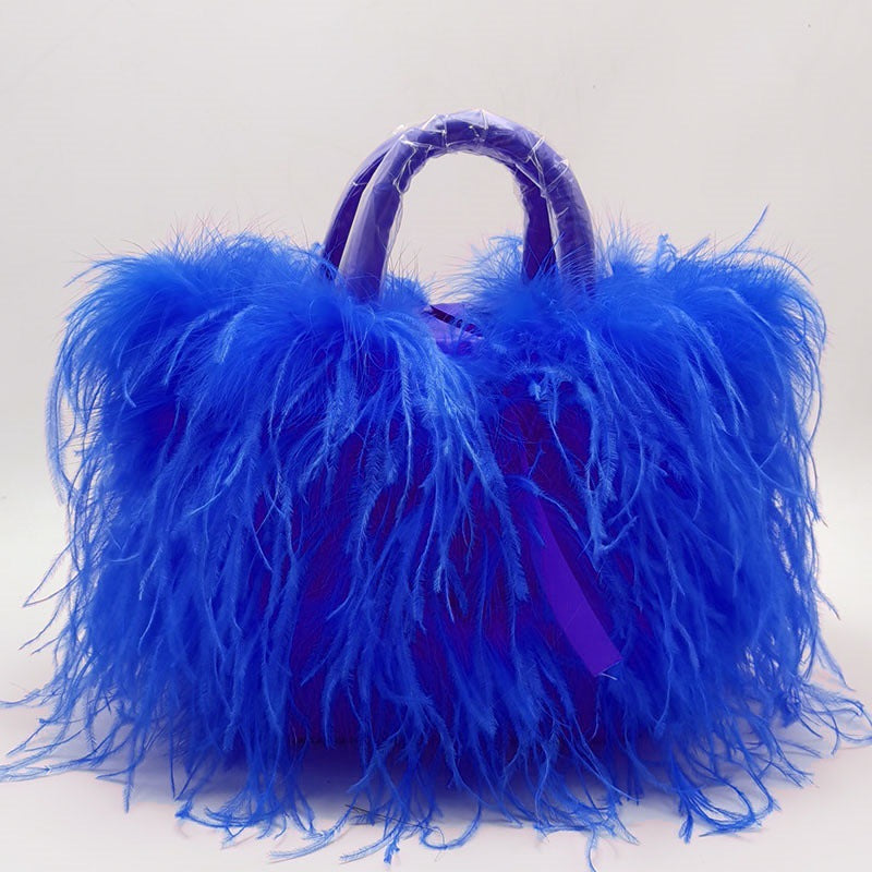 Genuine Ostrich Feather Tassel Handbag for Women, Light Luxury Trendy Top Handle Shoulder Purse, Runway Evening Clutch for Ladies