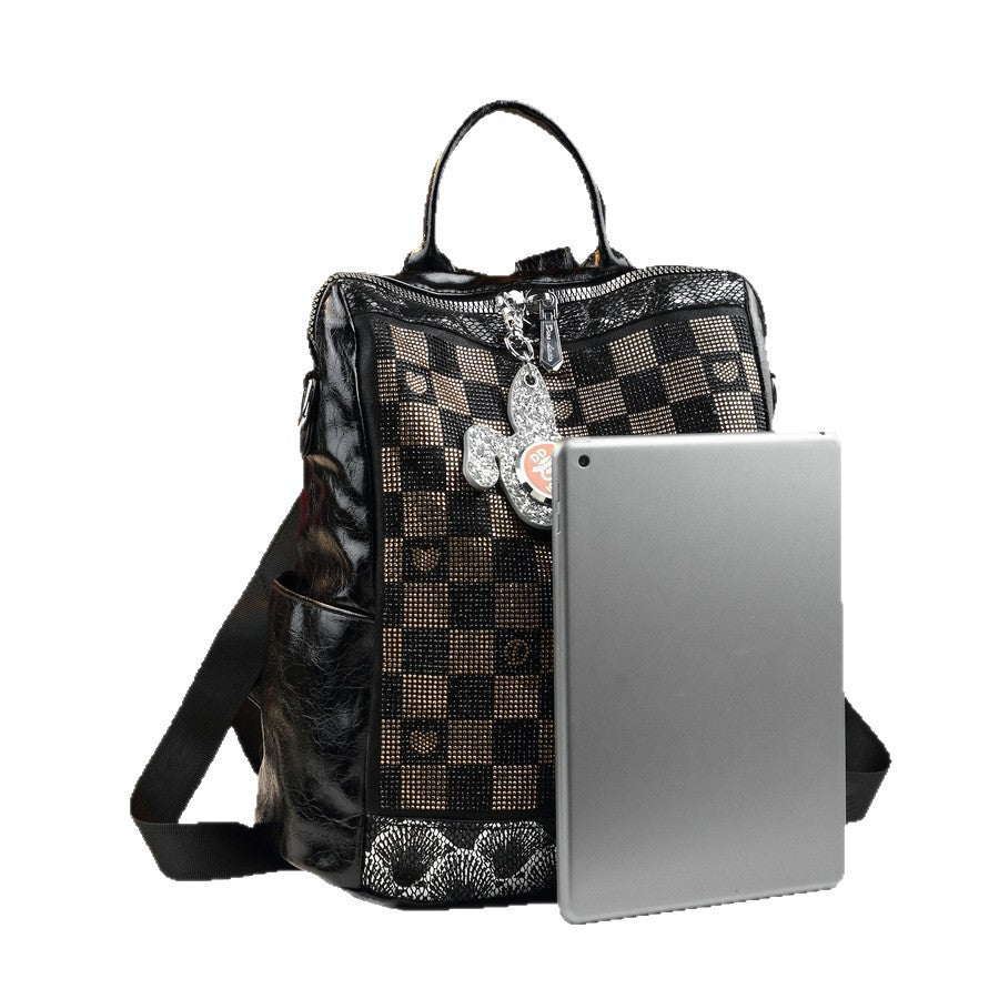 Checkerboard Rhinestone Backpack for Women Large Capacity Travel Daypack, Sparkly Checkered Purse with Trendy Going-Out Style