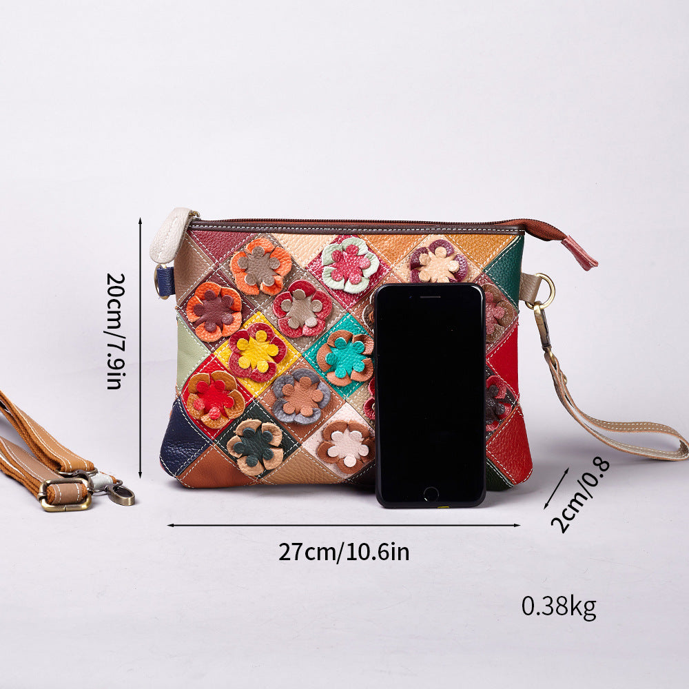 New Colorful Patchwork Phone Bag in Top Layer Cowhide, Trendy Small Square Shoulder Crossbody Purse, European Style Commute Handbag for Women