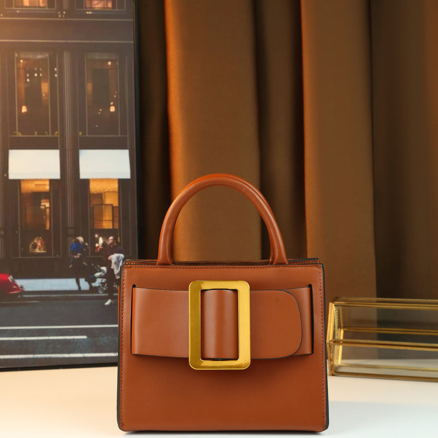 Square Buckle Mini Bag for Women Niche Designer Top Handle Purse, Premium Solid Color Shoulder Crossbody Handbag with Elegant Hardware Accent