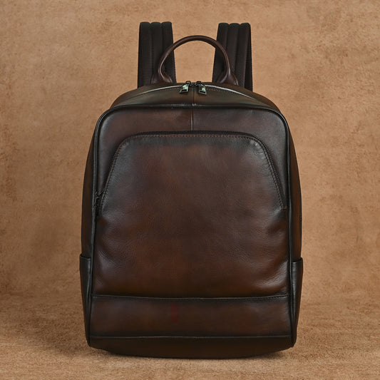 Men's Vintage Genuine Leather Backpack Soft Top Layer Cowhide Rucksack Laptop Bag for Travel School with Multiple Compartments