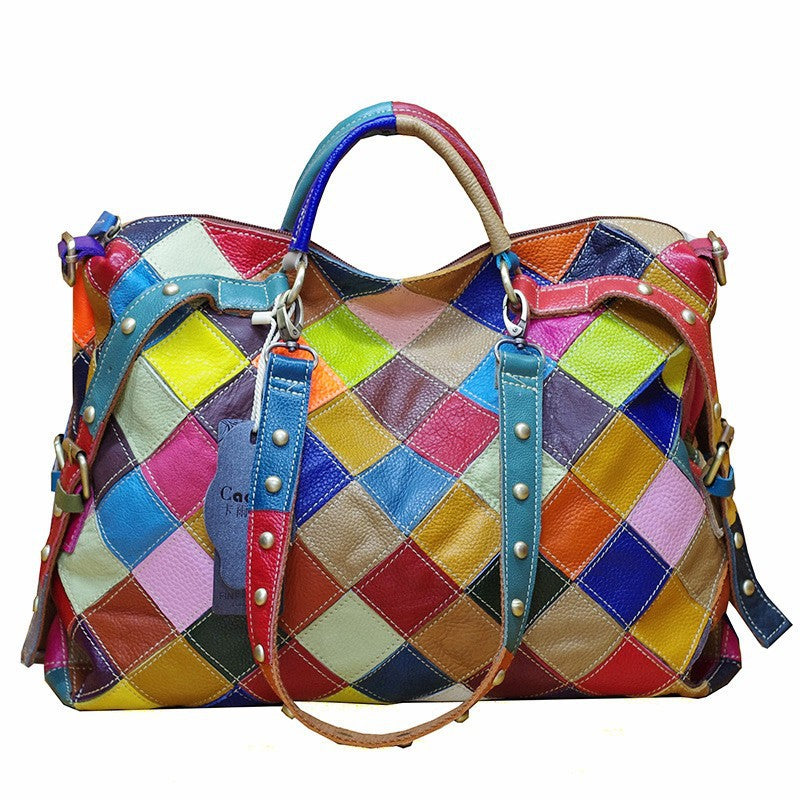 Genuine Leather Color Block Handbag for Women, Trendy Niche Design Crossbody Shoulder Bag, New Style Top Handle Purse for Ladies