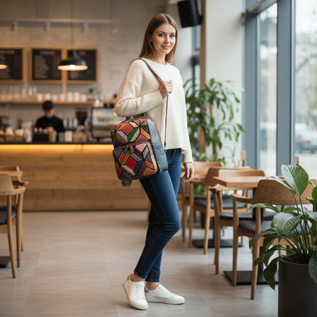 Premium Top-Layer Cowhide Leather Bohemian Backpack for Women | Geometric Color-Block Patchwork Design with Artistic Boho Flair | Large-Capacity Spacious Daypack for Travel, School & Daily Outings | Trendy Unique Backpack with Vibrant Personality & T