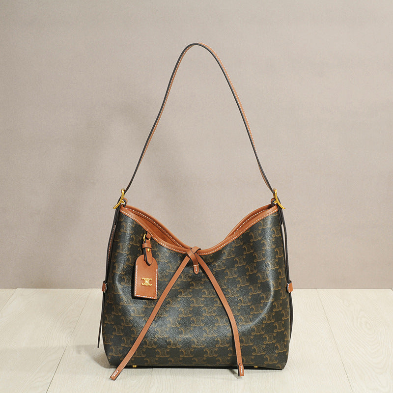 Genuine Leather Vintage Monogram Print Arch Style Tote Bag for Women Large Capacity Shoulder Underarm Shopper Work Commuter