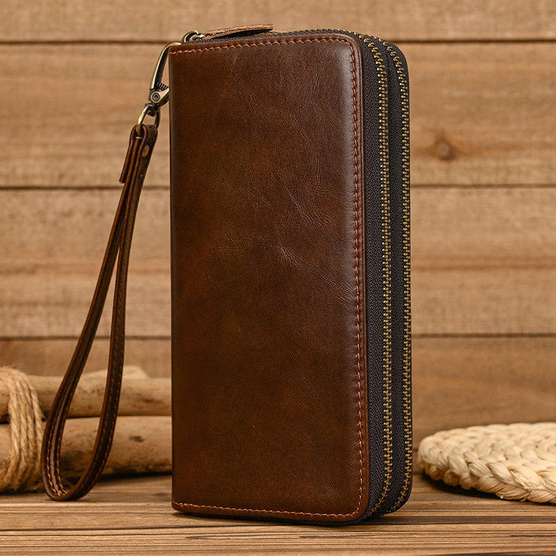 Crazy Horse Leather Double Zipper Long Wallet, Multi-Card Large Capacity Clutch, Genuine Leather Phone Bag for Men