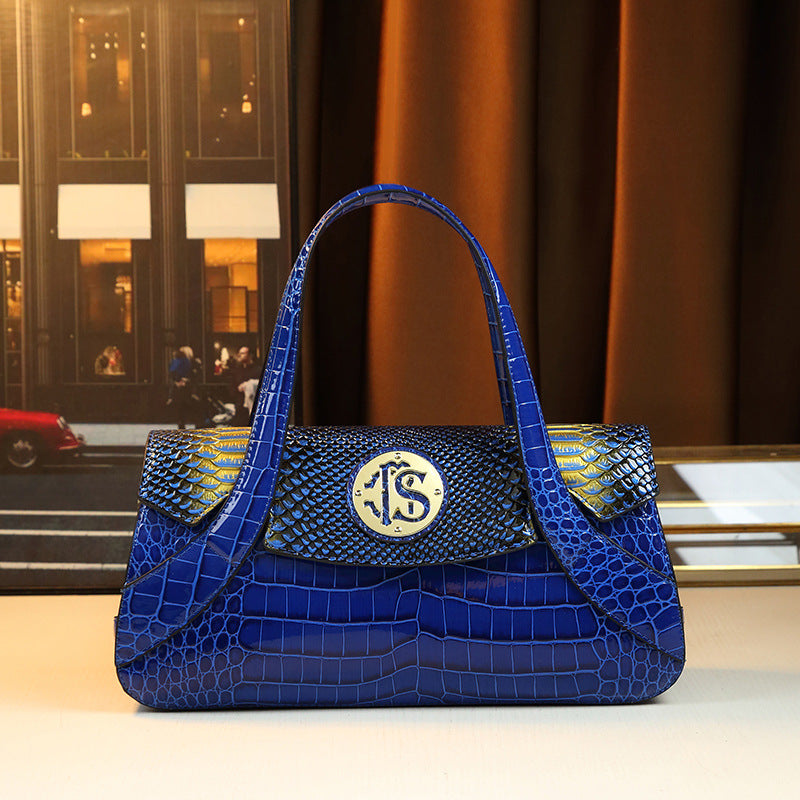 Chic Large Capacity Blue Croc-Effect Boston Bag for Women, A Trendy Top-Handle Shoulder Crossbody Handbag with Spacious Design 6070