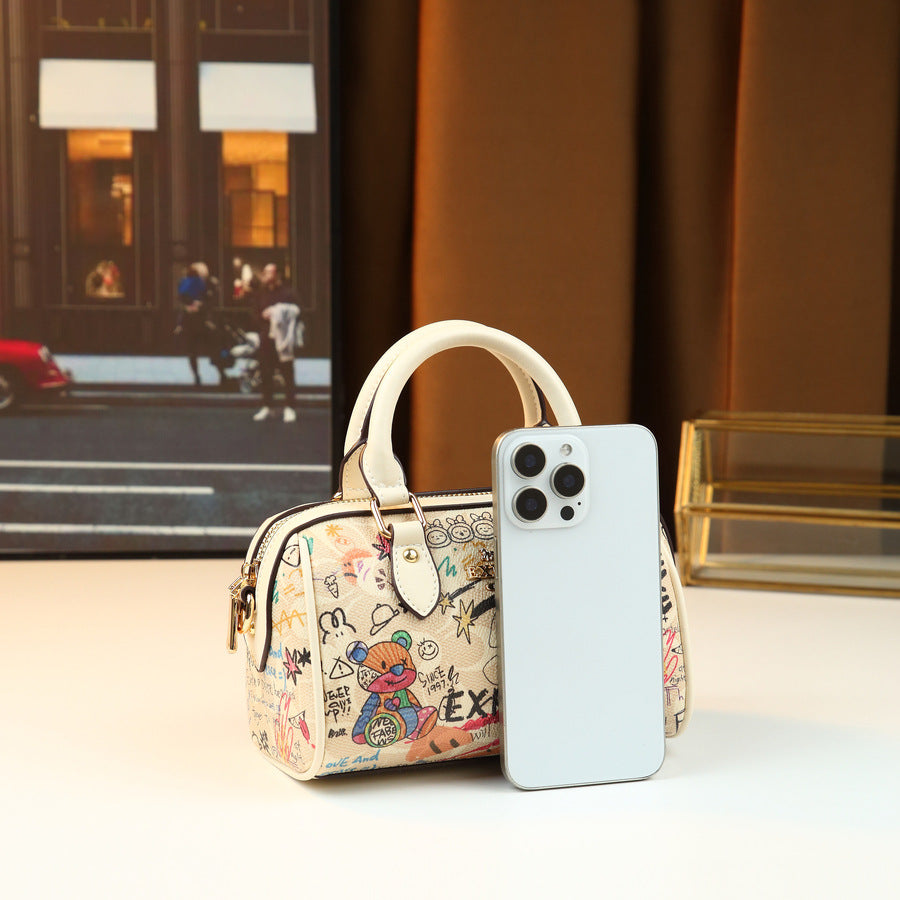 Art Graffiti Cute Pillow Bag for Women Compact Shoulder Crossbody Handbag, Playful Random Pattern Purse with Trendy Artistic Design
