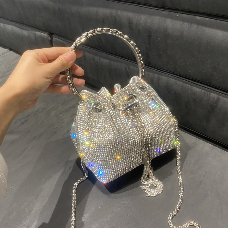New Rhinestone Bucket Bag with Round Handle, Chain Shoulder & Crossbody Small Diamond Bag